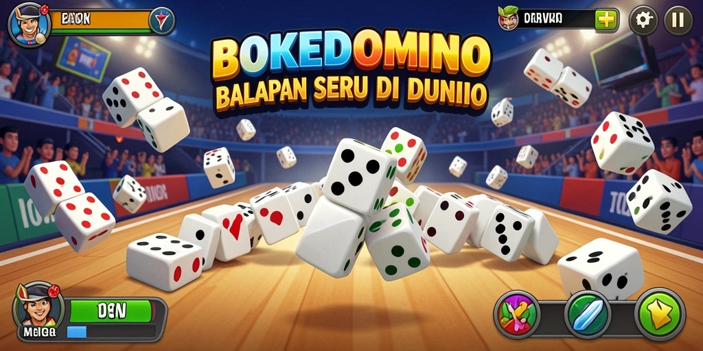 Screenshot utama BOKEDOMINO menampilkan aksi balapan yang mendebarkan.