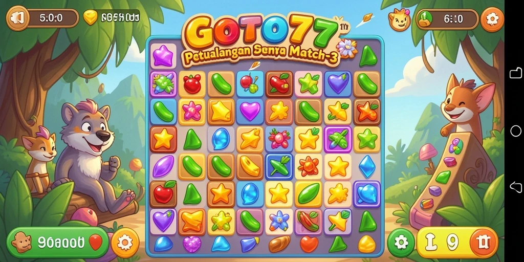 Screenshot utama GOTO77 menunjukkan gameplay Match-3 yang seru dan menantang.