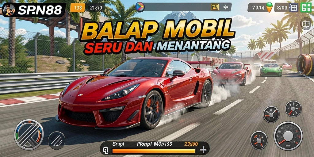 Tampilan gameplay balap seru dalam SPN88 dengan mobil berkecepatan tinggi.