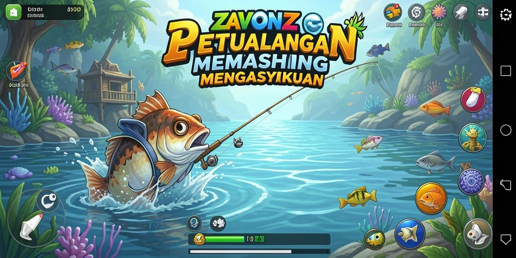 Screenshot ZAVONZO menampilkan pengguna yang sedang memancing di lokasi indah.